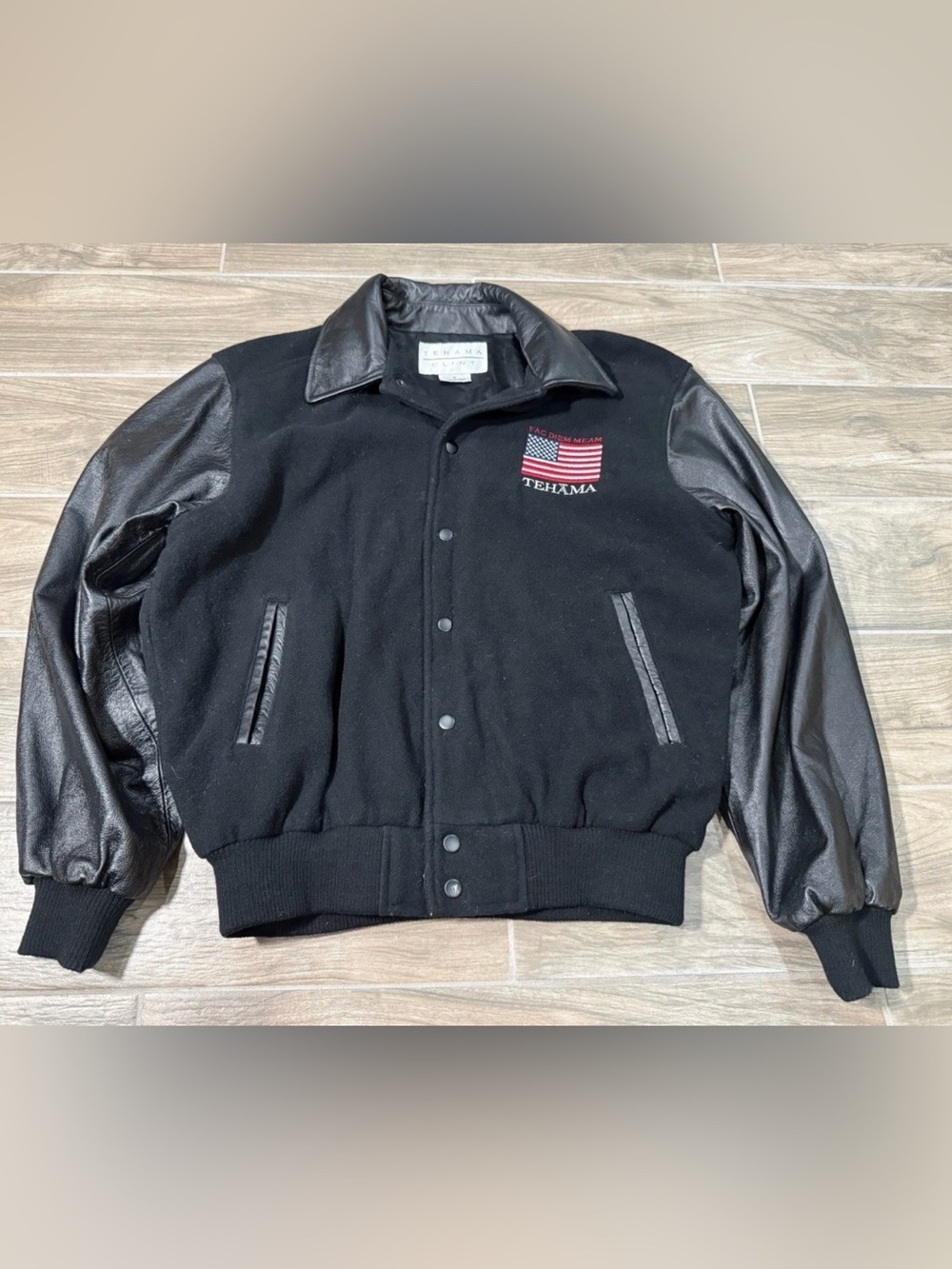 Vintage Tehama Clint Eastwood Wool/Leather USA Flag Bomber Jacket Mens Med 90s